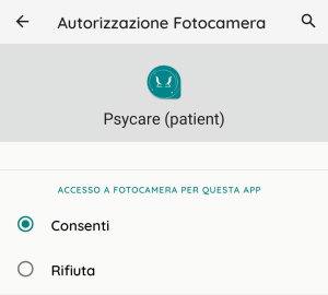 Il paziente seleziona il Consenso Fotocamera sull'app